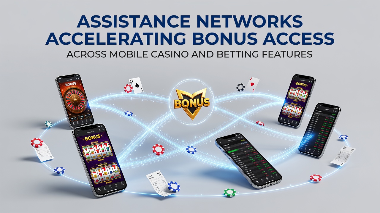 Illustration of interconnected support networks linking mobile casino slots and sports betting interfaces with instant bonus pathways