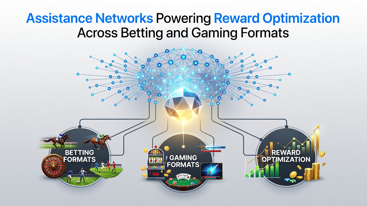 Illustration of interconnected assistance networks linking various betting and gaming platforms for optimized rewards