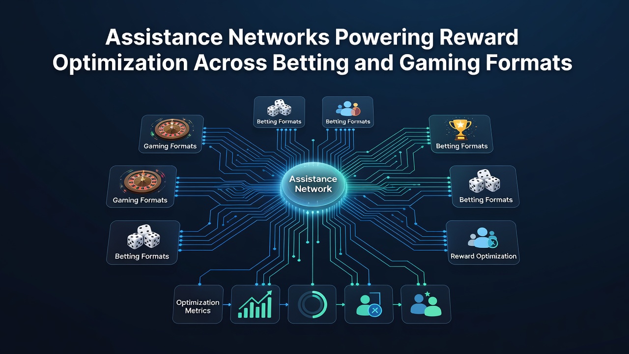 Diagram showing reward optimization pathways through assistance networks connecting sports betting, slots, and live casino formats