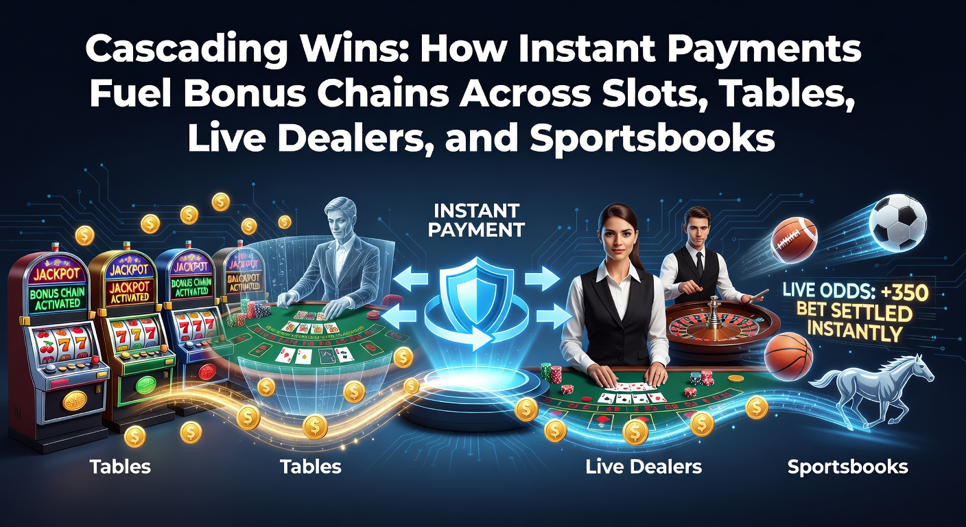 Dynamic graphic showing cascading coins and bonuses flowing between slot reels, roulette wheels, live dealer tables, and sportsbook odds screens, illustrating instant payment connections