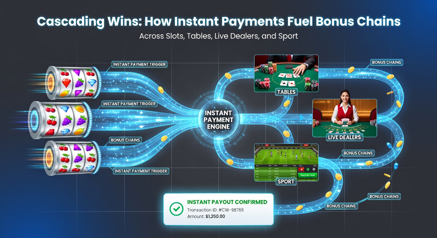 Vibrant illustration of instant payment icons linking slot symbols, card decks, live dealer cams, and sports event graphics, with glowing bonus chains connecting them all