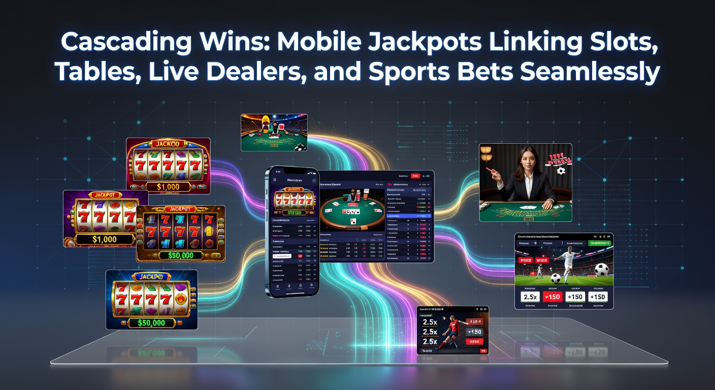 Vibrant mobile screen showing interconnected jackpot icons across slots, roulette tables, live dealer streams, and sports betting odds, illustrating seamless cascading wins