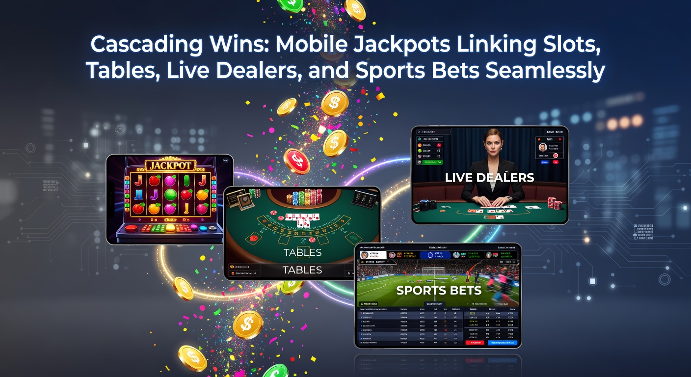 Dynamic graphic of jackpot meters overflowing from slots to live poker tables, dealer cams, and sports scoreboards on a smartphone, capturing the essence of cross-game win cascades