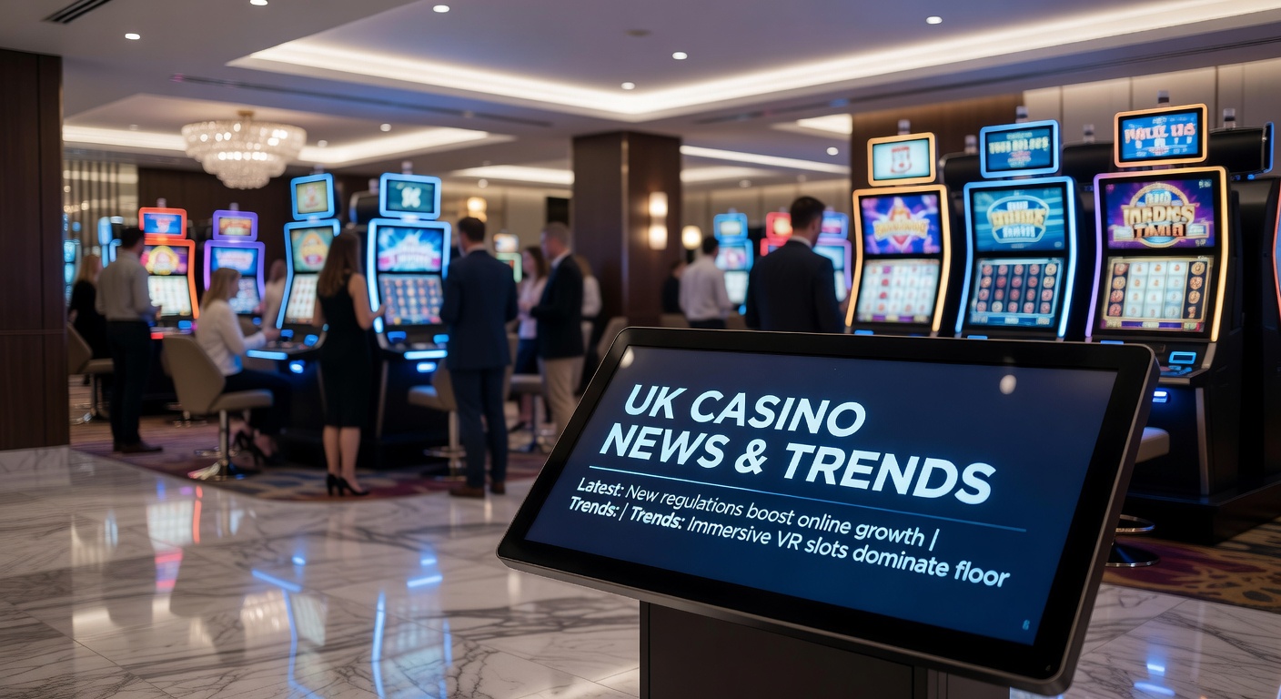 A row of vibrant gaming machines inside a bustling UK casino floor, lights flashing under regulatory scrutiny