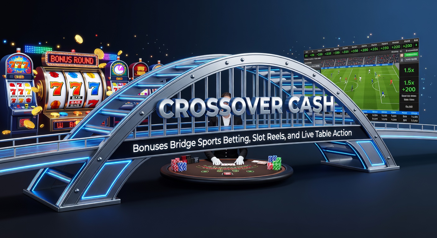 Vibrant digital display showing interconnected icons of sports betting odds, spinning slot reels, and live blackjack tables with glowing bonus overlays bridging them together