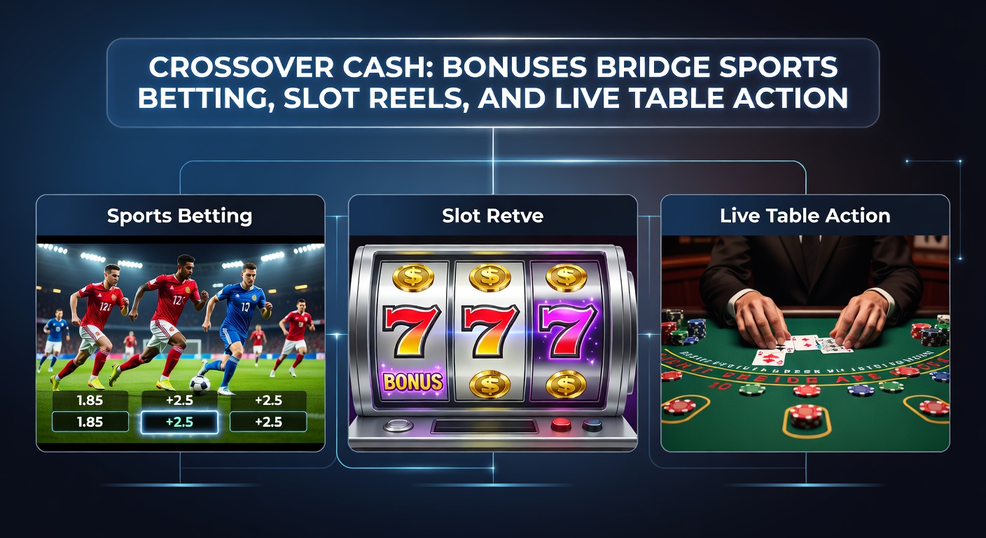 Dynamic screenshot of a gaming app interface displaying a crossover bonus dashboard, with tabs for sports odds, colorful slot reels, and live dealer streams all sharing a common reward meter