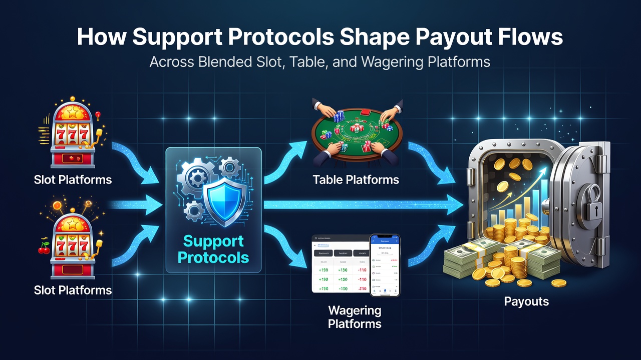 Diagram showing interconnected support protocols routing payouts across slot machines, table games, and sports wagering interfaces on a single platform dashboard