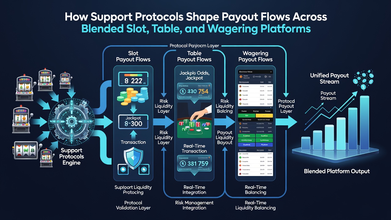 Flowchart illustrating how support protocols sequence verification, API calls, and settlement steps between slot jackpots, table game wins, and live sports bet payouts