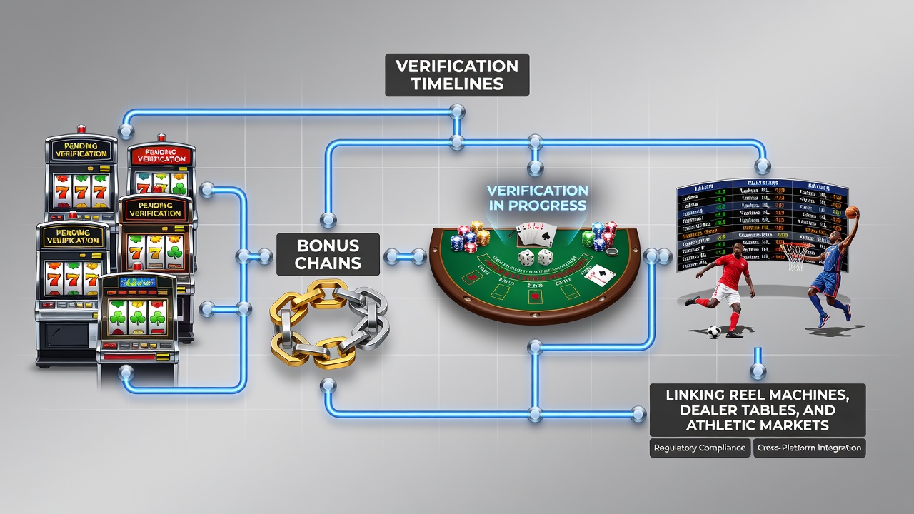 Illustration of interconnected reel machines, dealer tables, and sports betting interfaces with verification checkpoints