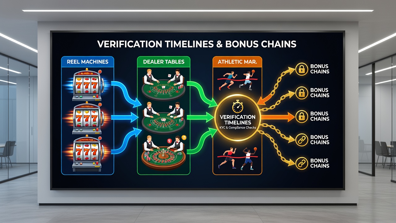 Flow diagram showing bonus movement from slots through tables to sports markets with verification gates
