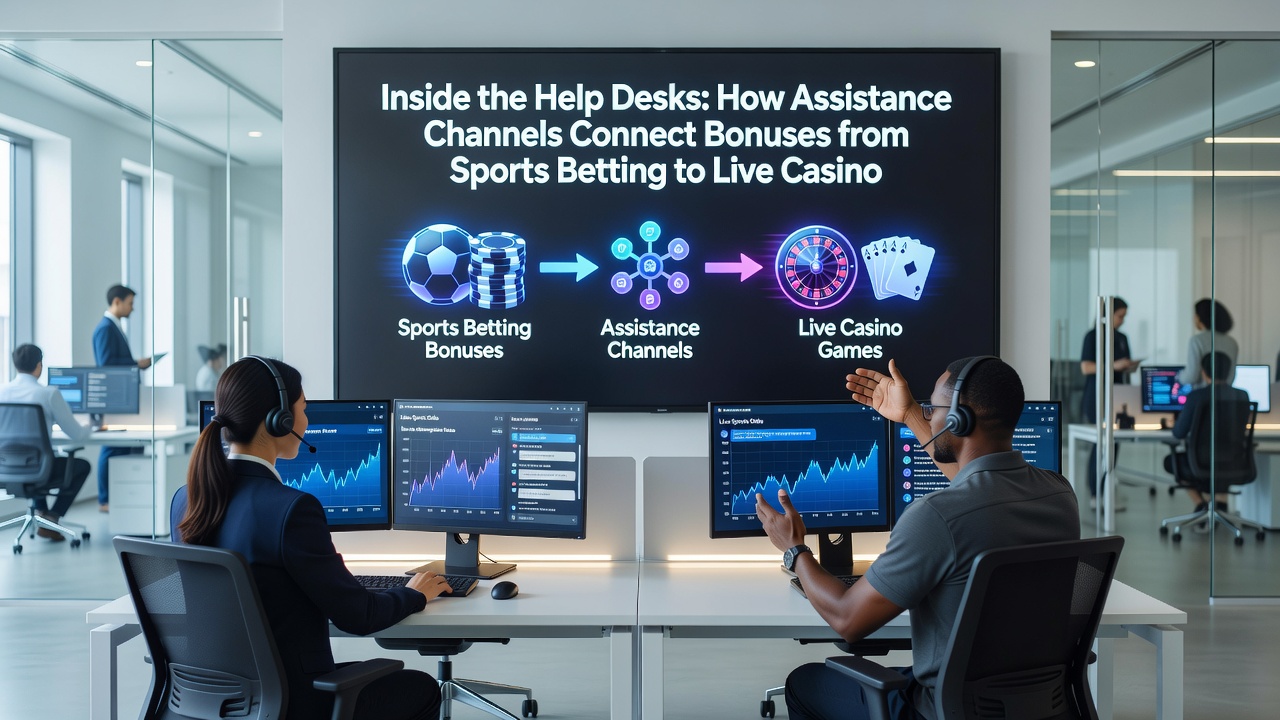 Help desk interface showing bonus transfer options linking sports betting activity to live casino and slot jackpot rewards