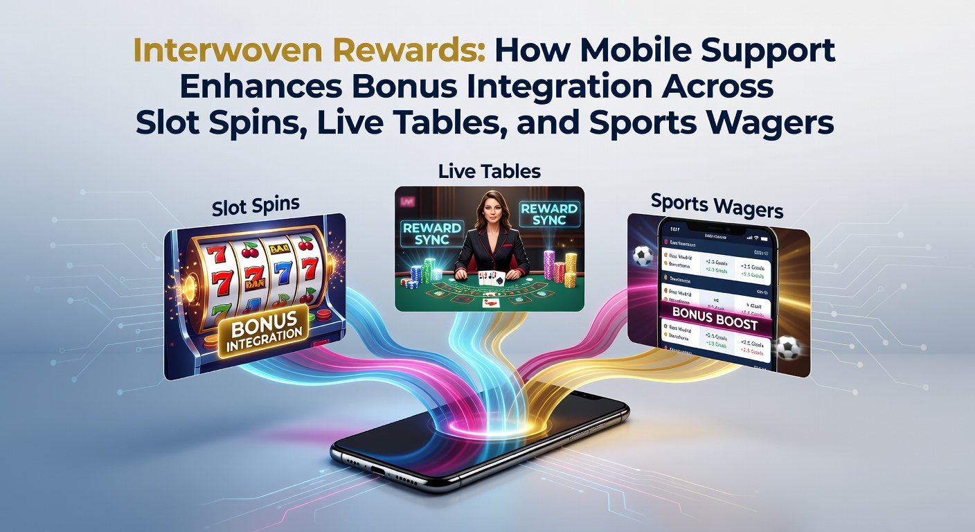 Mobile casino interface showing integrated bonus rewards across slots, live tables, and sports betting sections