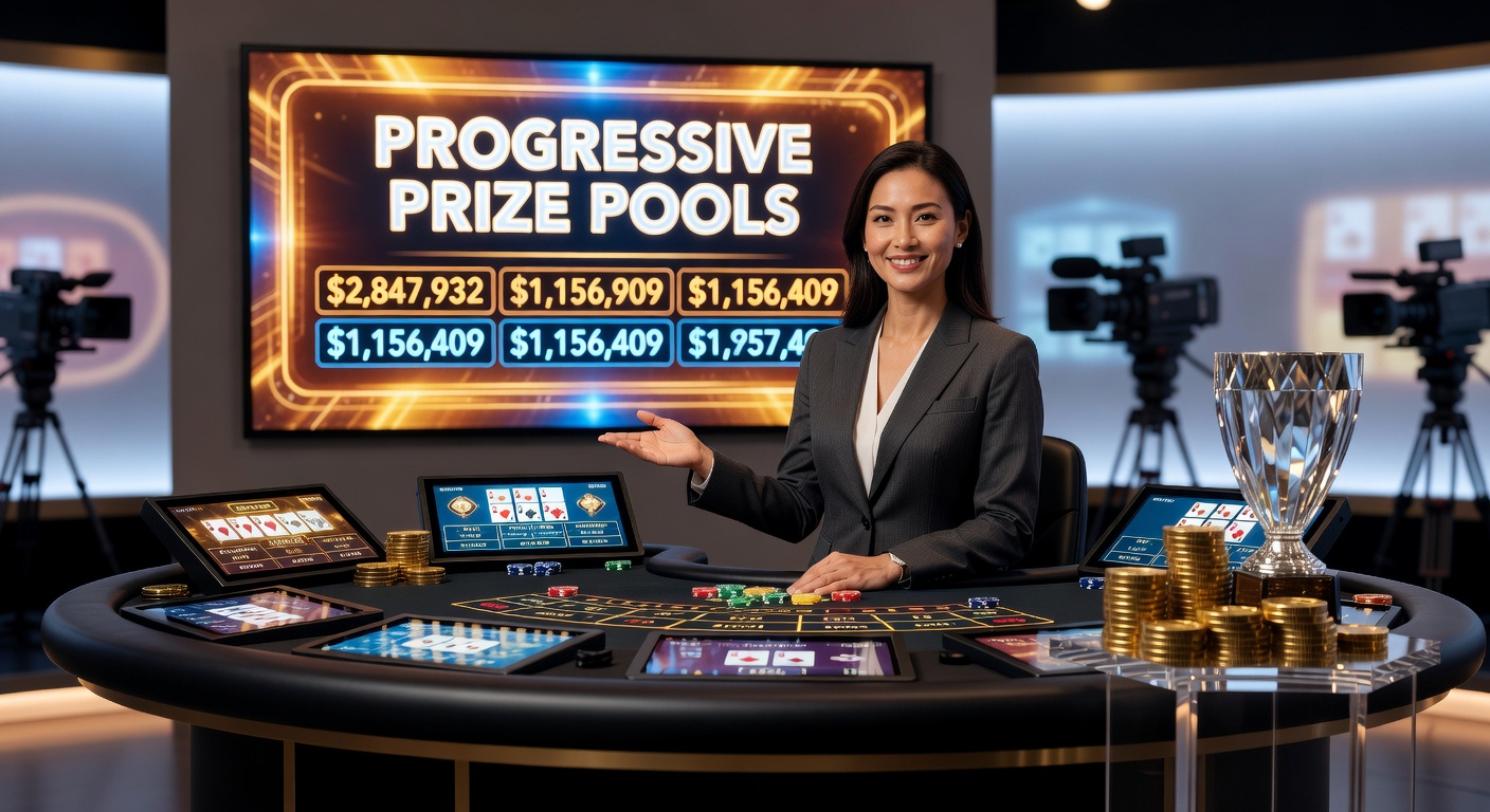Close-up of a live baccarat table showing progressive side bet options and a climbing jackpot meter, with dealer interacting via chat