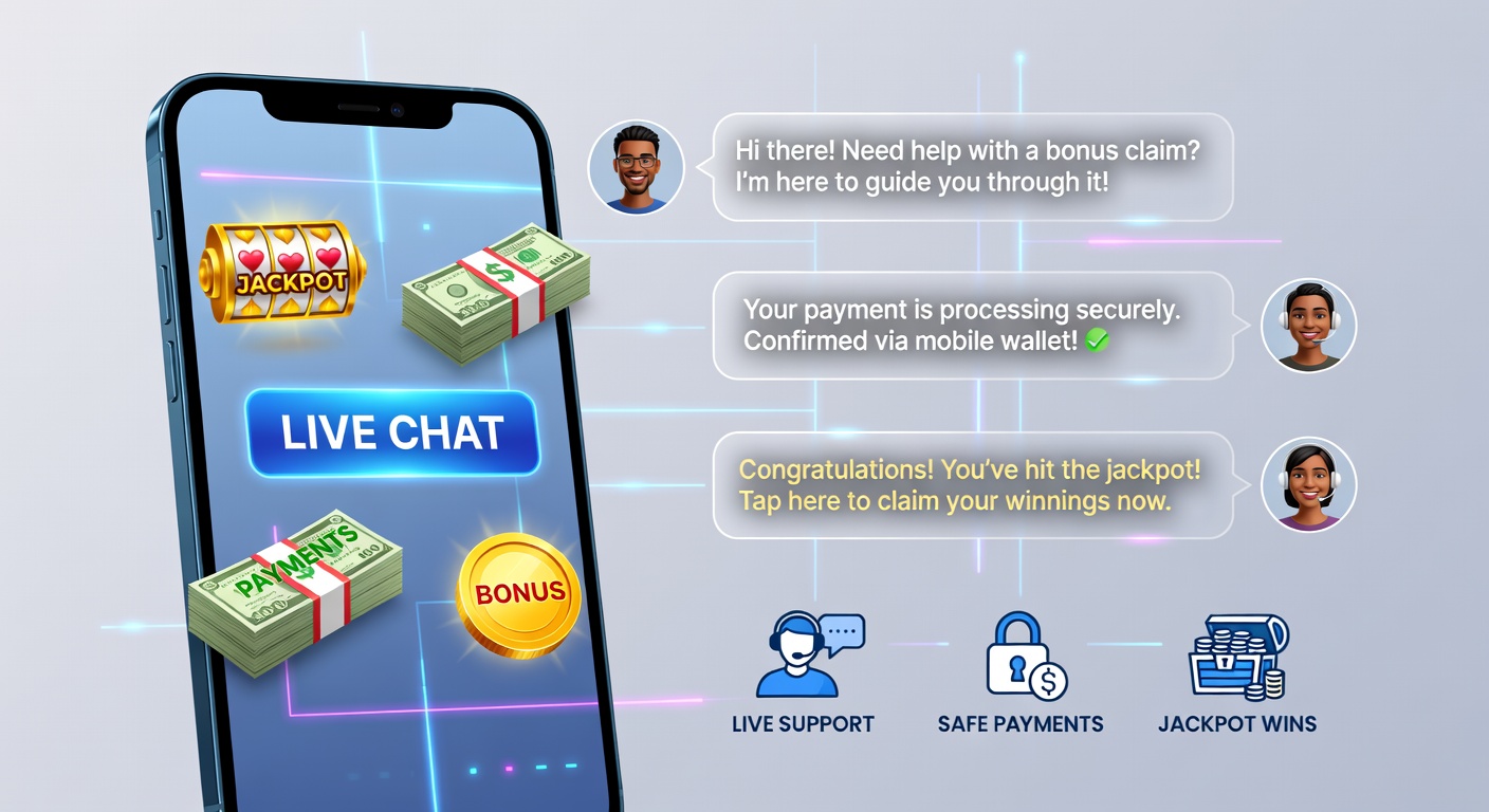 Live chat window on mobile device showing payment troubleshooting, with icons for deposits, withdrawals, and secure gateways