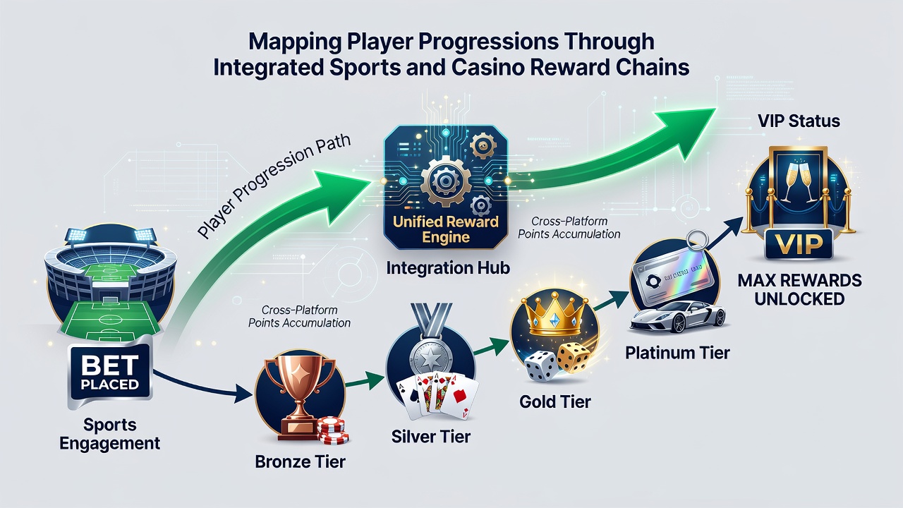 Infographic illustrating tier progression timelines with combined sports and casino activity metrics over a monthly period