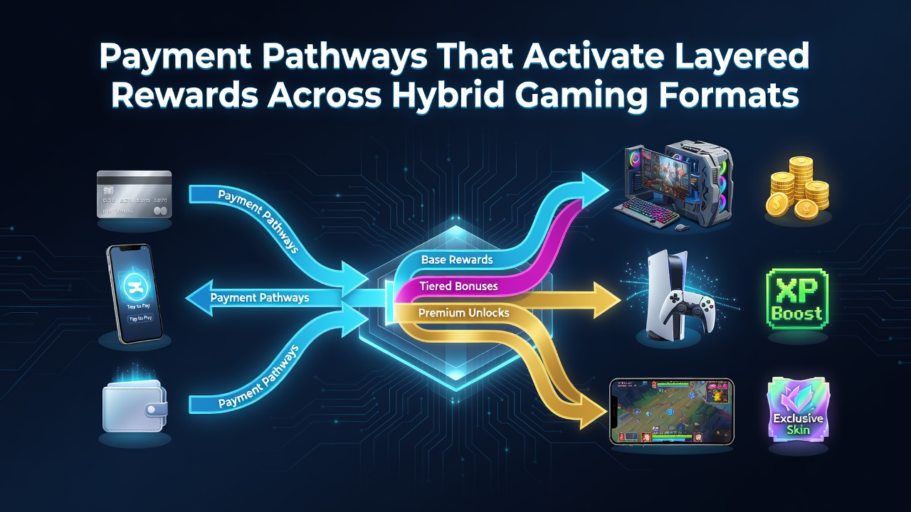 Digital transaction pathways connecting multiple gaming formats with layered reward activation