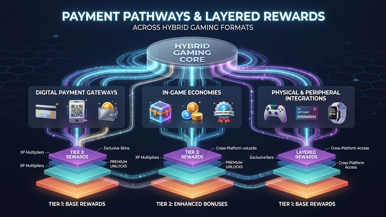 Hybrid gaming interface showing simultaneous reward tracking across slots, tables, and sports betting