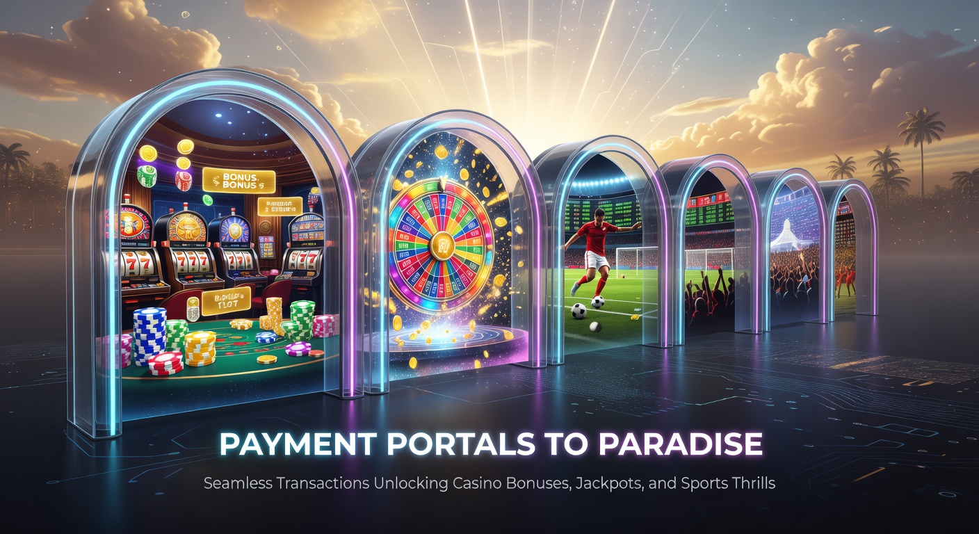 Vibrant digital gateway showing seamless money transfers lighting up casino slots, jackpot wheels, and sports betting interfaces
