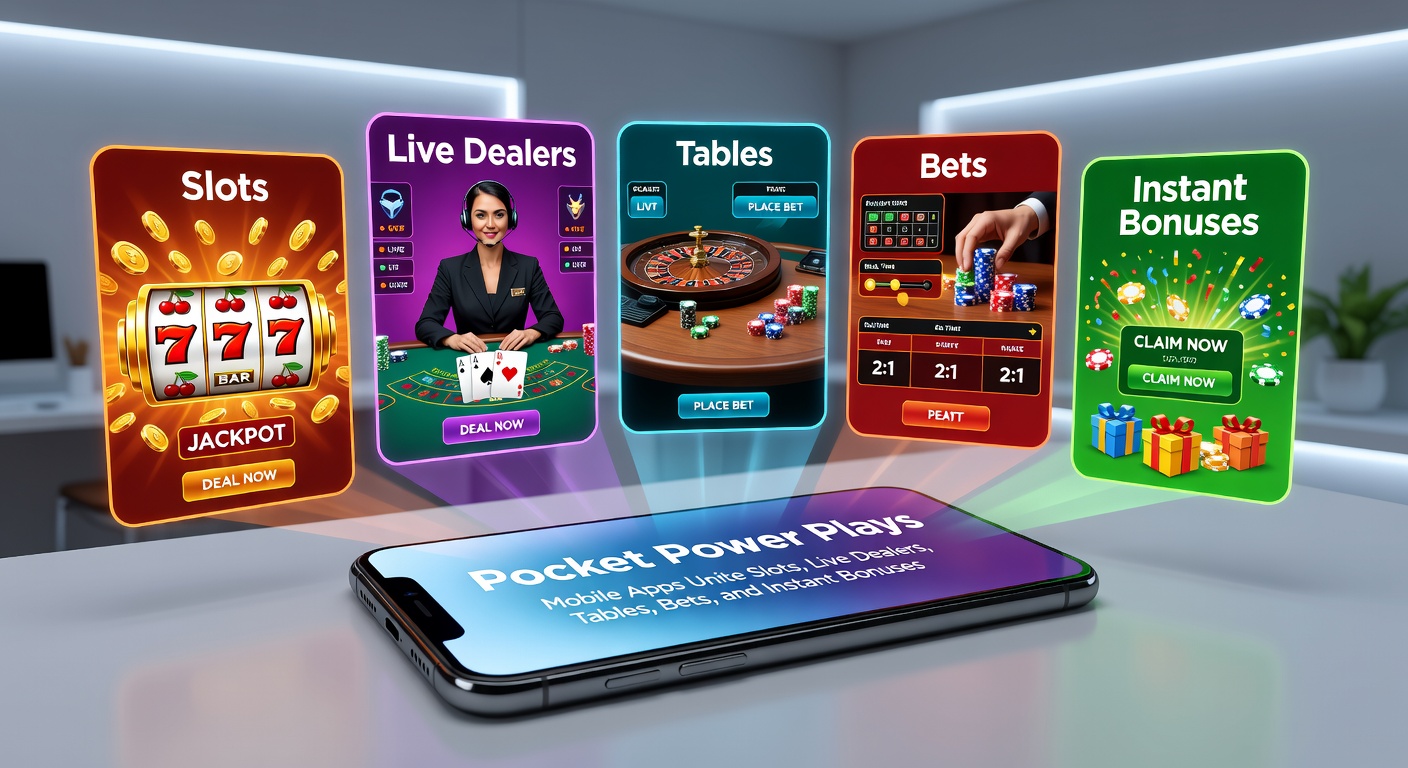 Close-up of a mobile app dashboard showing integrated sections for slot reels spinning, a live dealer at a craps table, poker chips on a virtual felt, NFL betting lines, and a golden instant bonus icon activating mid-session