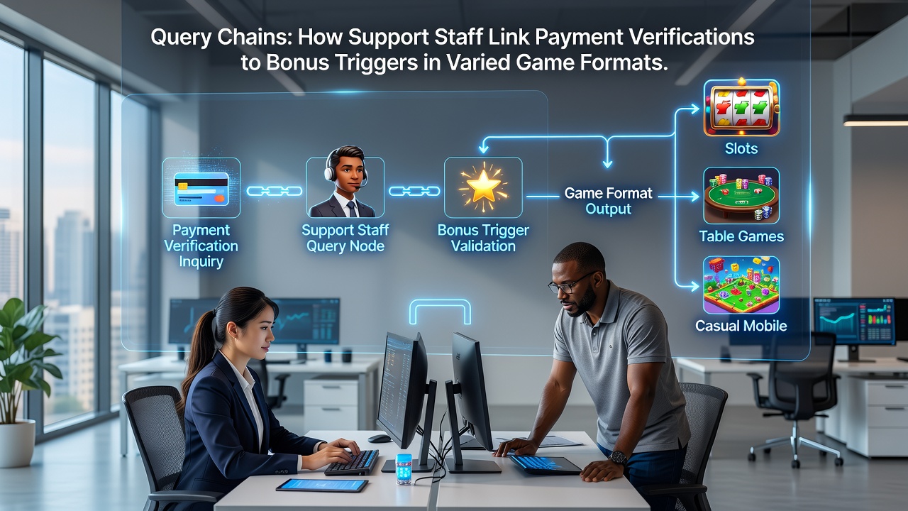 Support staff reviewing payment verification details on multiple screens in a gaming operations center