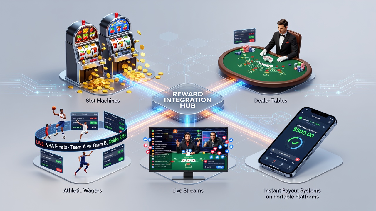 Integrated reward systems connecting slots, tables, live streams, sports wagers and mobile payouts