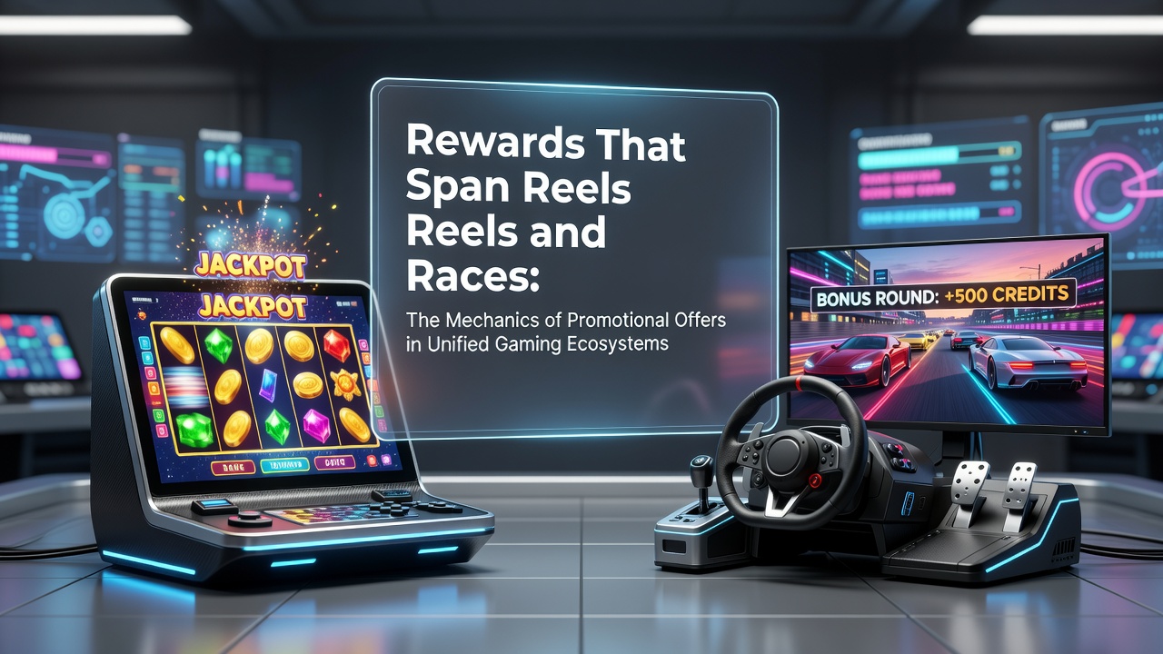 Unified gaming platform showing interconnected slot reels and racing betting interfaces with promotional overlays