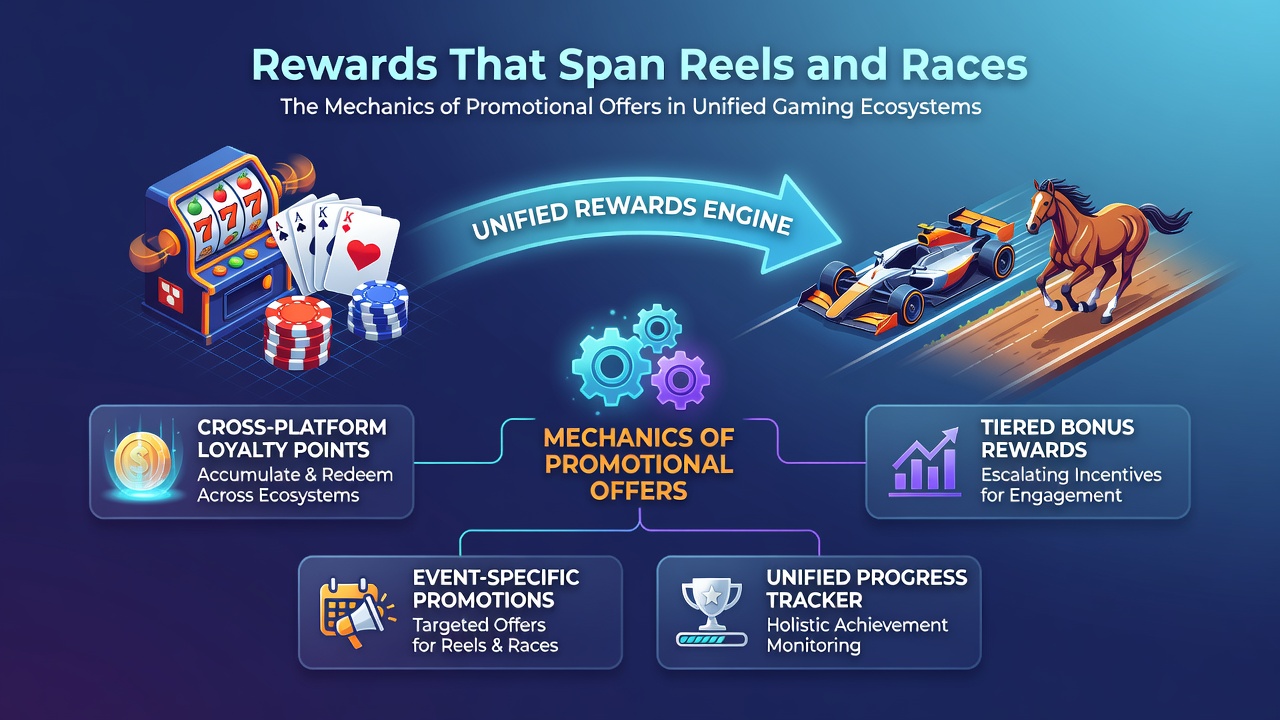 Flowchart style diagram illustrating how promotional bonuses transfer between slot machines and sports racing sections in a unified app