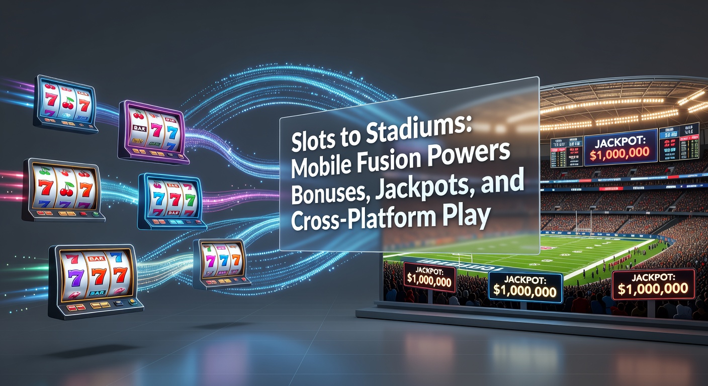 Vibrant illustration of mobile devices linking slot reels, sports stadiums, and glowing jackpots in a seamless digital fusion