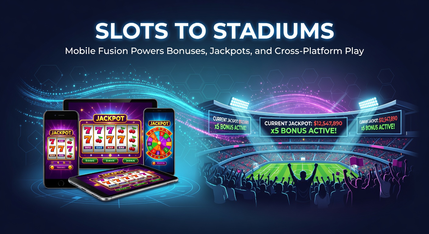 Dynamic graphic showing jackpots cascading from slot machines to sports arenas via mobile networks, with coins and trophies exploding across screens