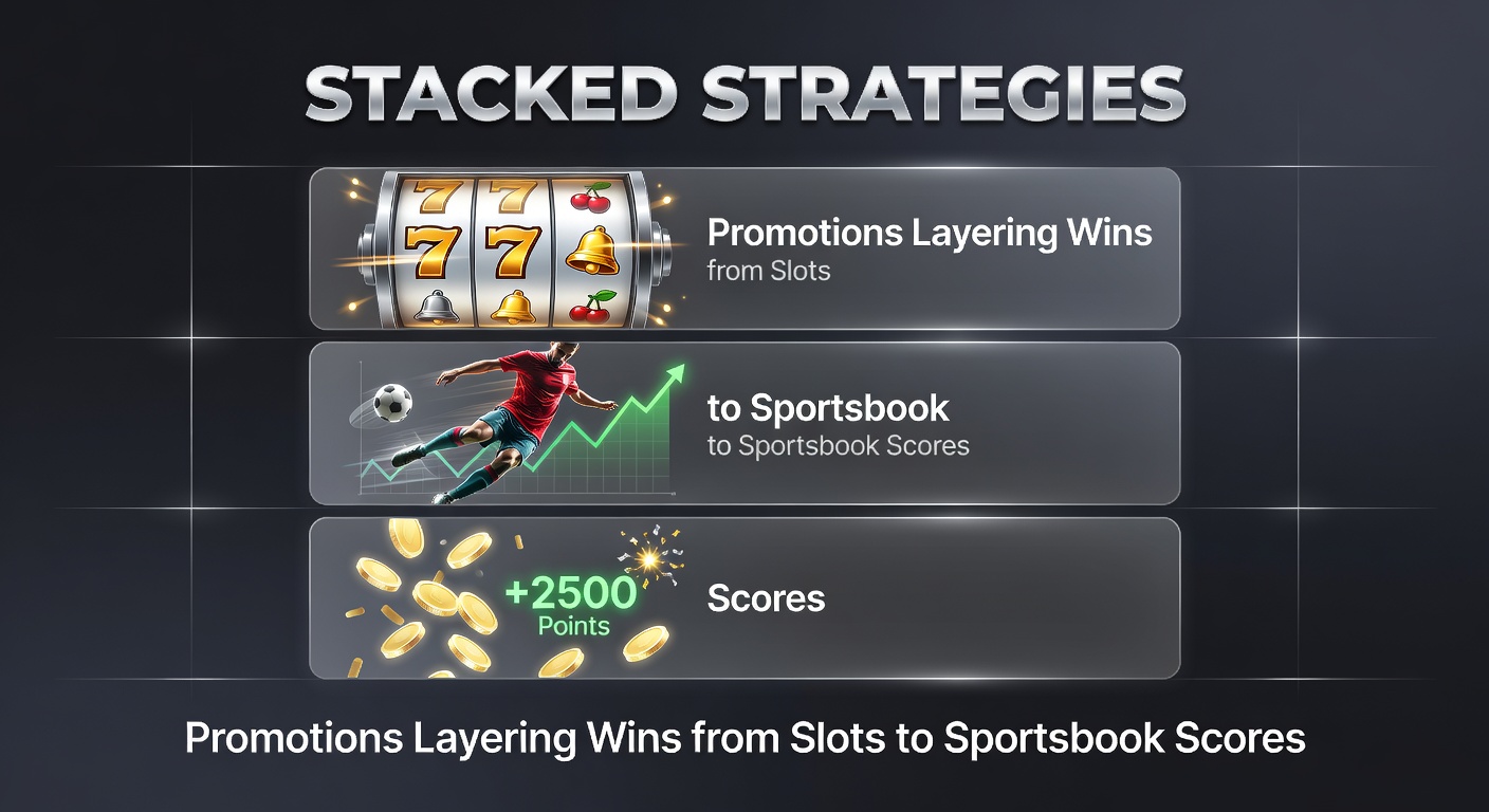 Vibrant digital display showing stacked casino bonuses transitioning from slot reels to sportsbook odds boards, illustrating layered promotion strategies