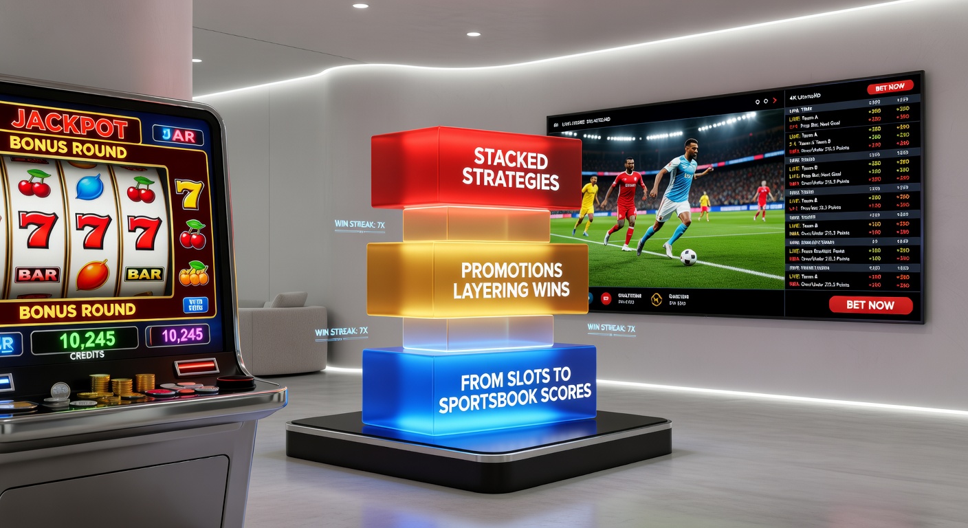 Dynamic infographic depicting a flowchart of stacked promotions, with arrows connecting slot jackpots to live table multipliers and sportsbook victory cascades