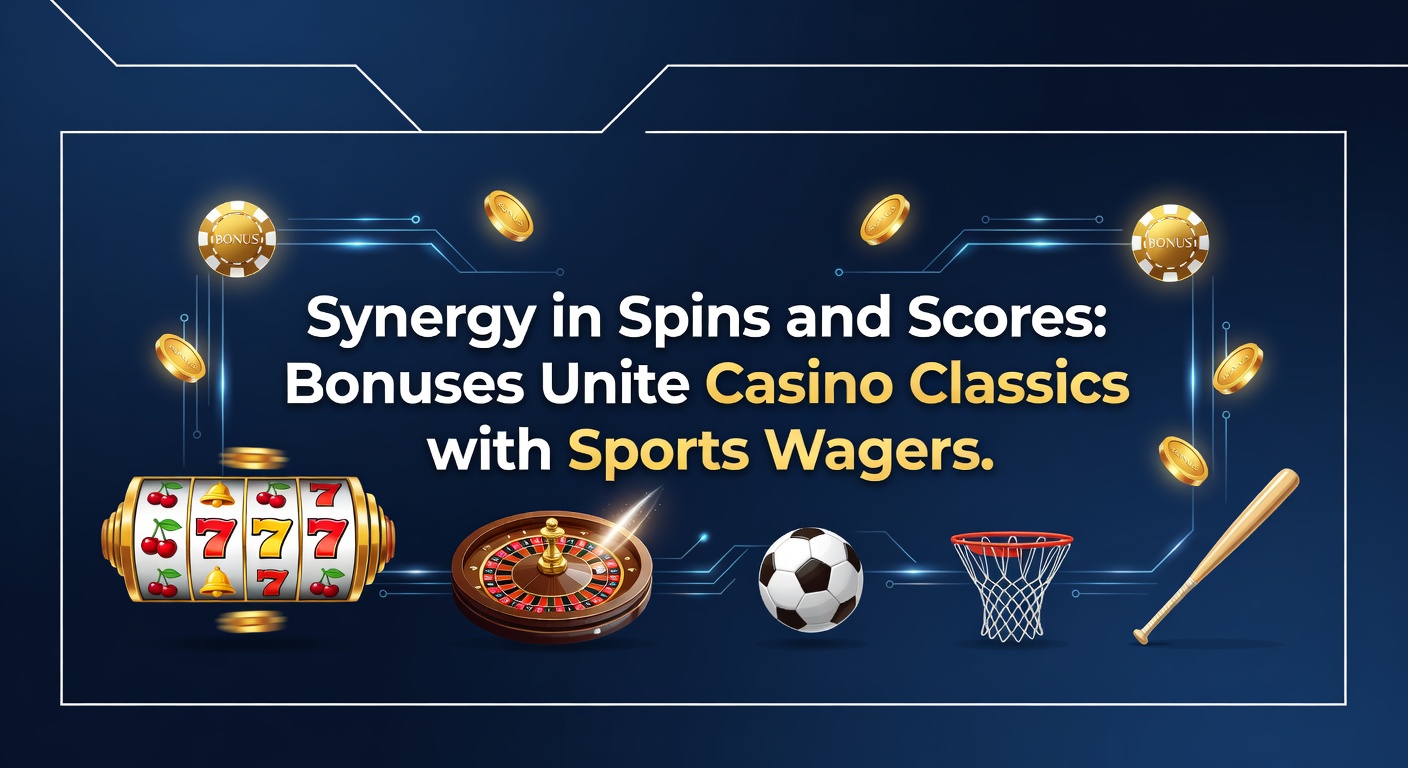 Vibrant digital display showing intertwined slot reels and sports stadium lights, symbolizing bonus synergies between casino games and sports betting