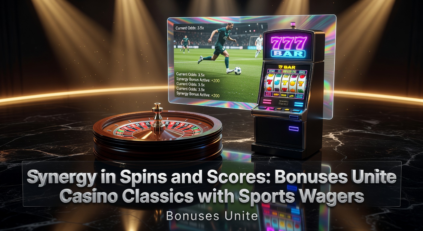 Dynamic graphic of a casino slot machine morphing into a sportsbook interface, with bonus icons flowing between them