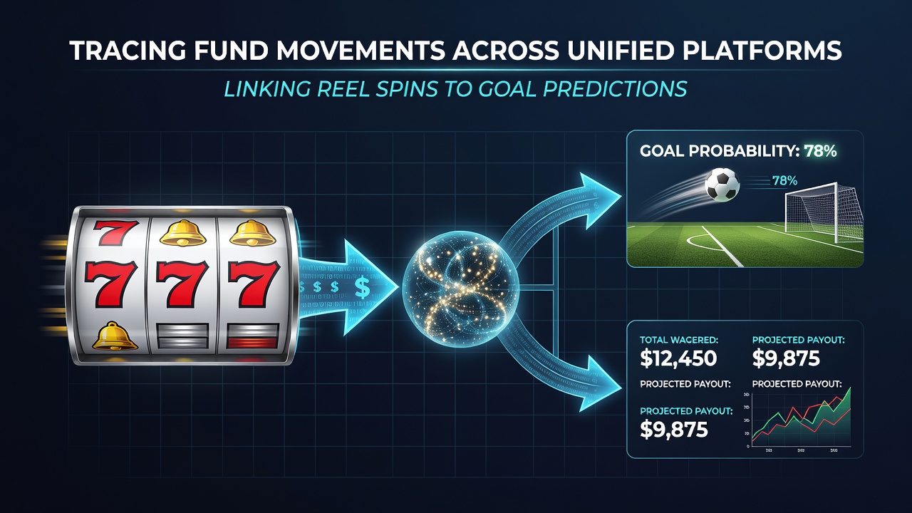 Flow diagram illustrating how slot spin results feed into goal prediction wallets with timestamped fund movement records