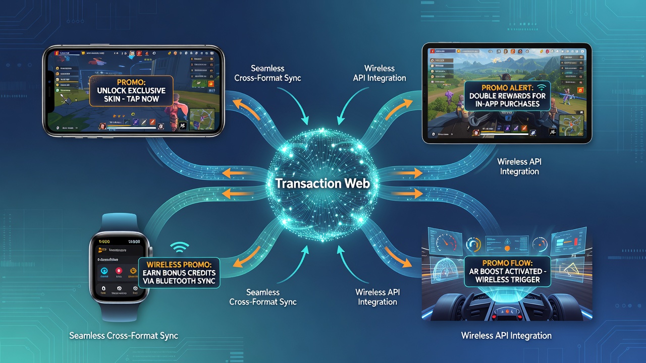 Mobile interface showing connected gaming formats and real-time promotional updates