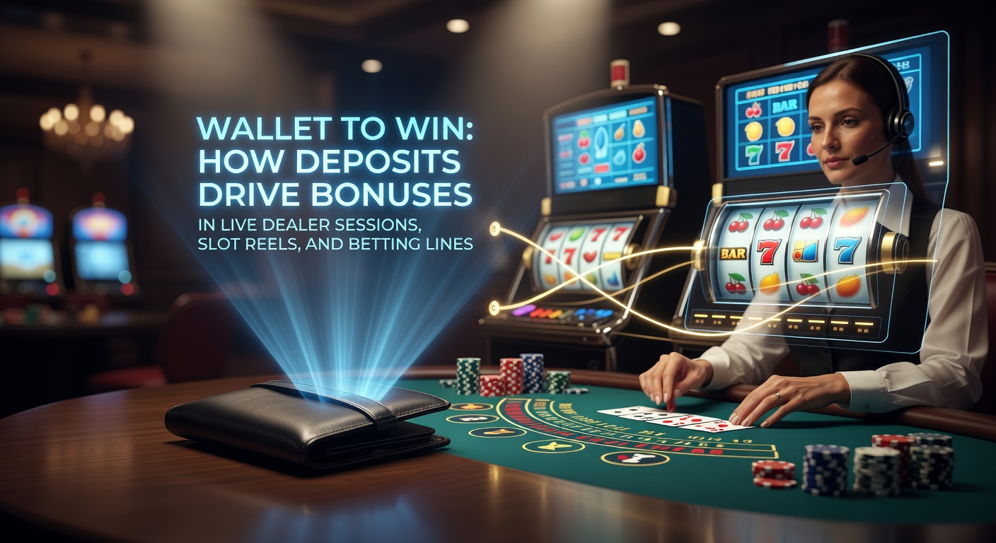 Digital wallet interface showing instant deposit triggering colorful slot bonuses and live dealer table highlights
