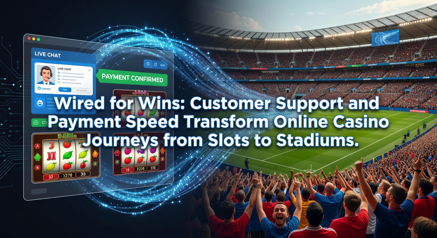 Dynamic graphic showing lightning-fast payments flowing into slot machines and sports betting interfaces alongside chat bubbles for customer support